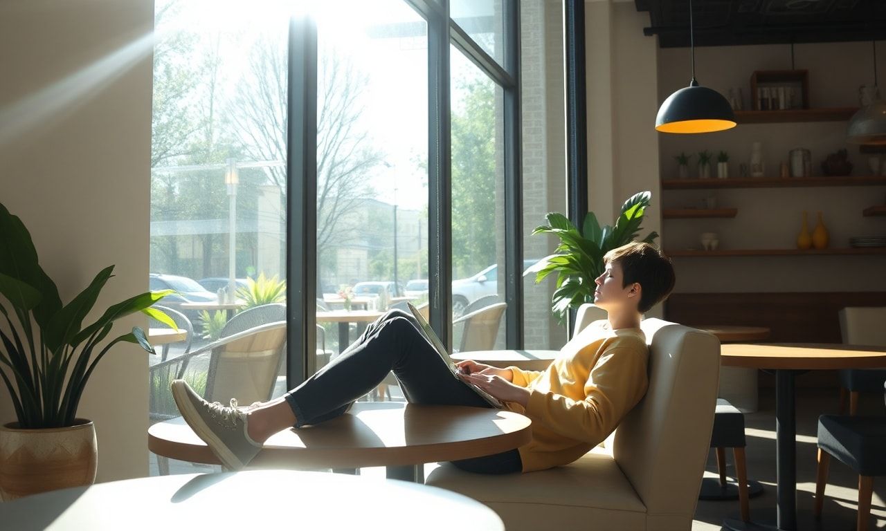 カフェでリラックスする若者