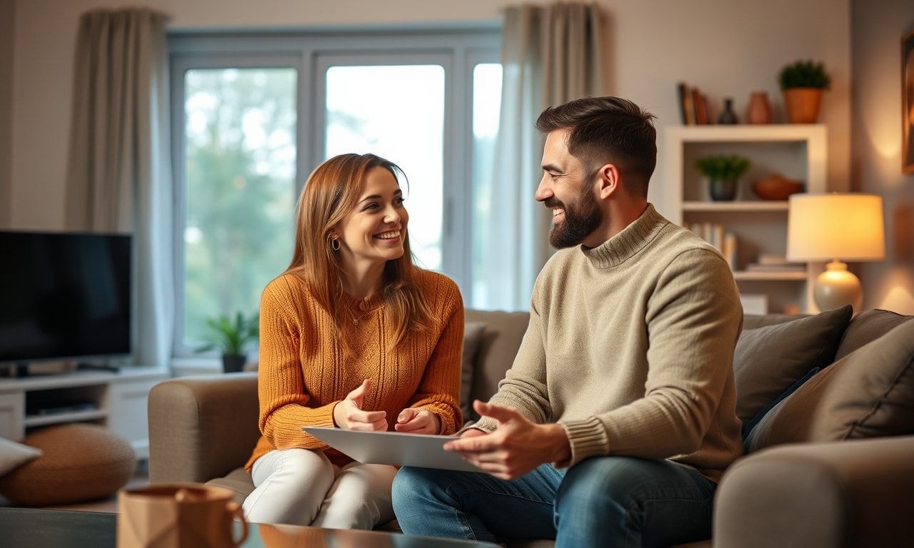 夫婦で将来を話し合う温かいリビングのイメージ