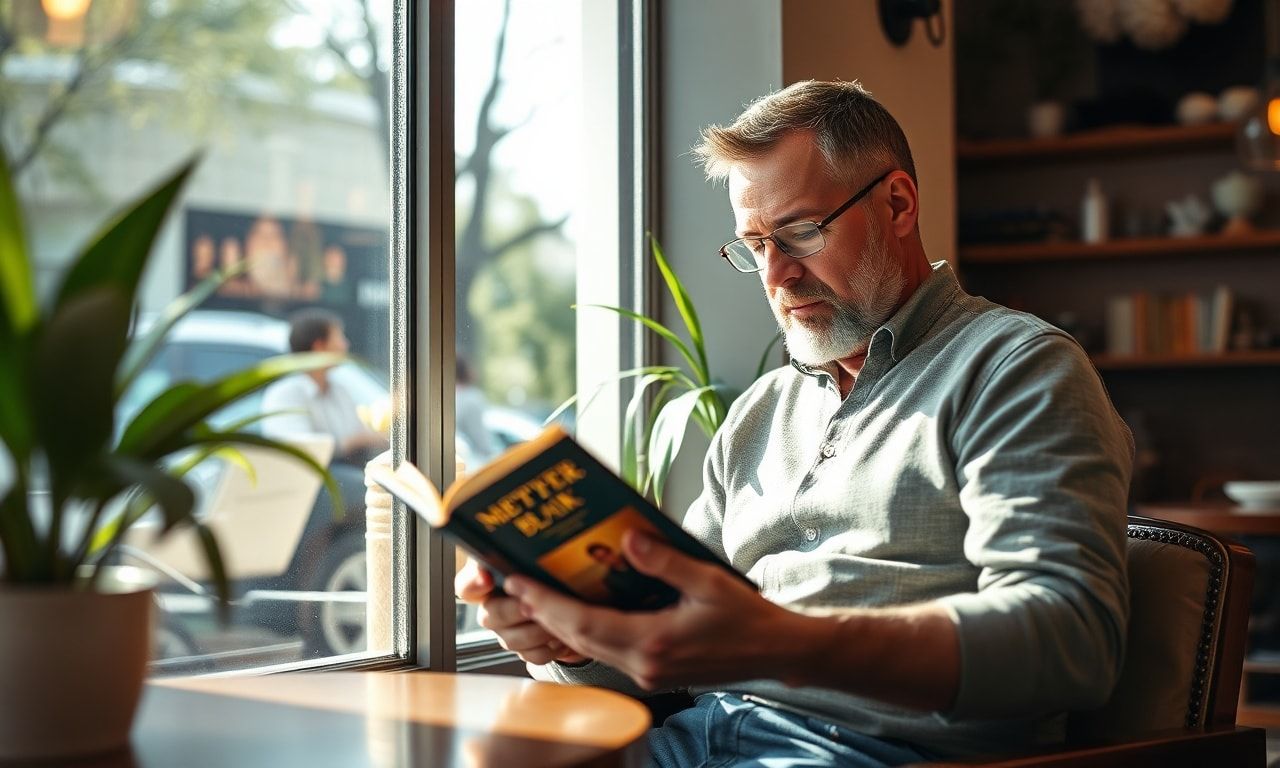 カフェで読書する男性