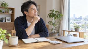 明るい自宅でノートと電卓を前に生活と資産の計画を考える男性