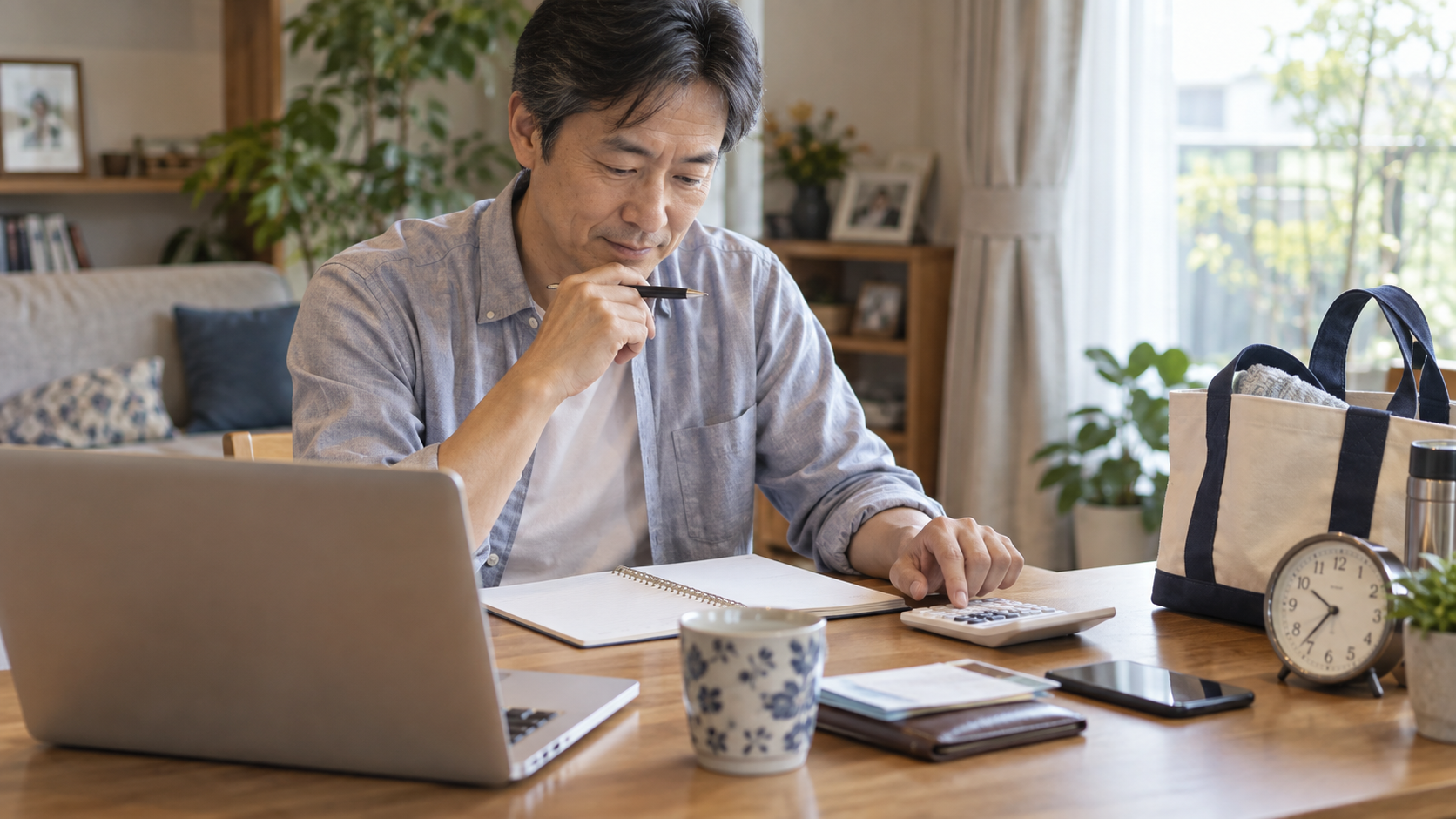 自宅でノートと電卓を使って収支を確認する男性