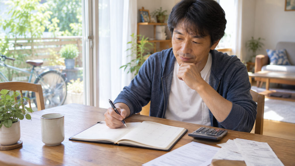 自宅で予定表と電卓を使い、勤務日と家計を検討する男性