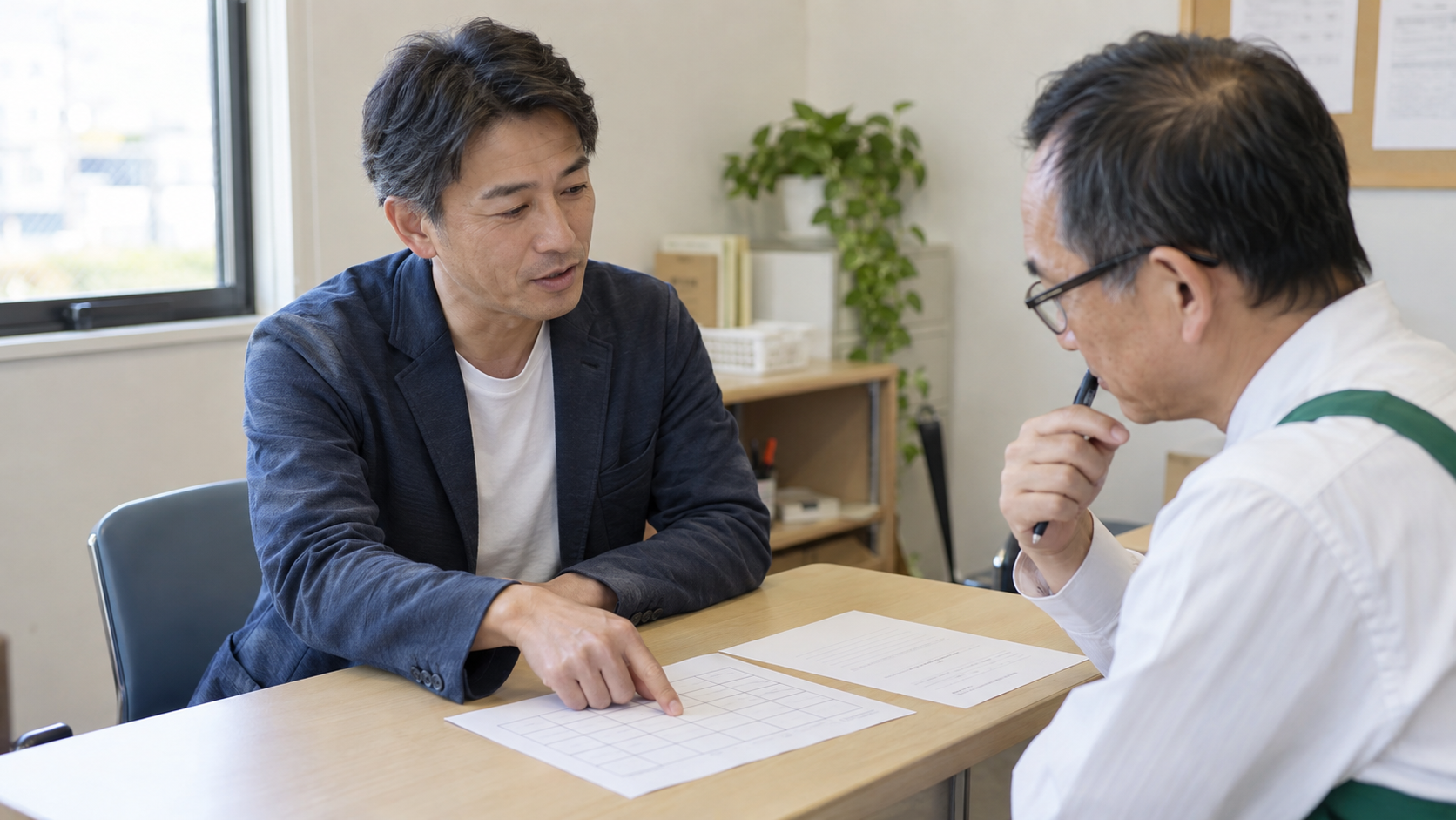 勤務予定表を指しながら、店の担当者に希望条件を伝える男性
