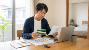 セミリタイア後の賃貸審査に向けて書類を確認する人