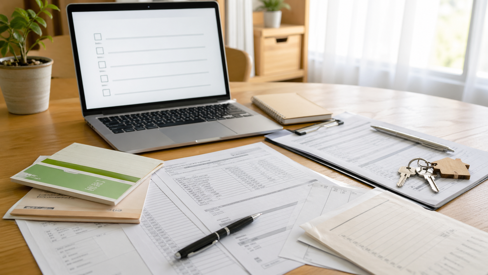 セミリタイア後の賃貸審査に必要な書類と通帳を準備する様子