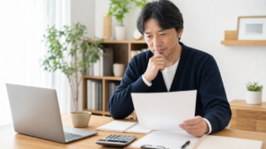 セミリタイア後の失業保険について書類を見ながら確認する人