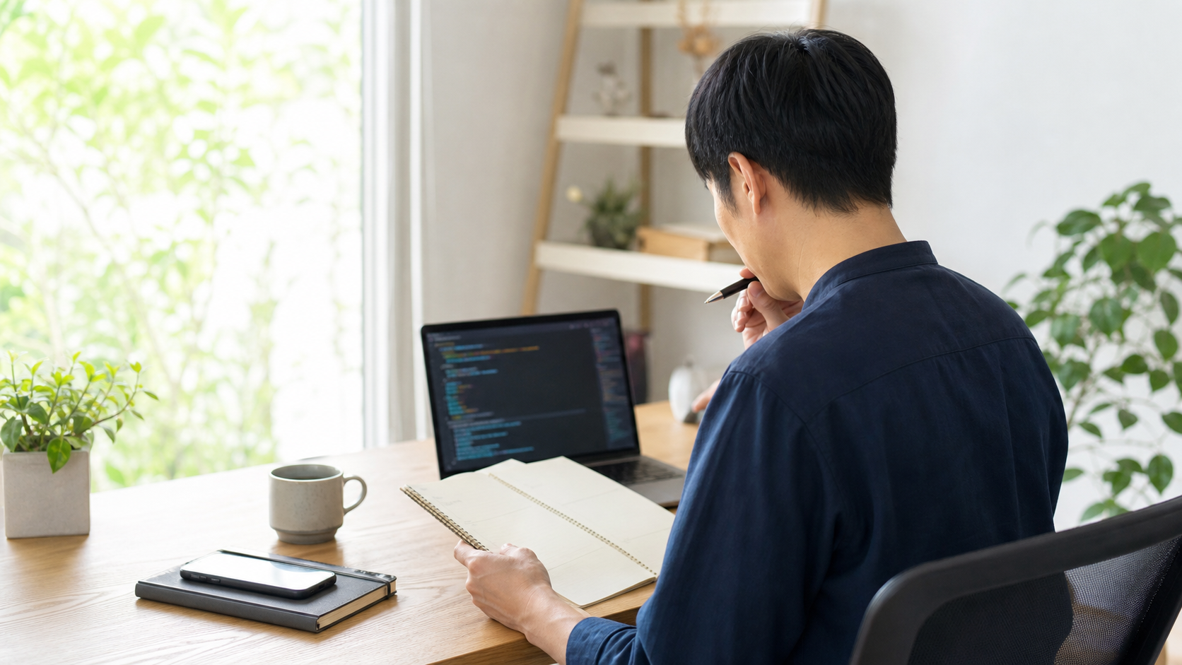 セミリタイアを目指すエンジニアが自宅で計画を立てる様子