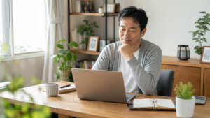 セミリタイア後のおすすめ仕事を自宅で検討する男性