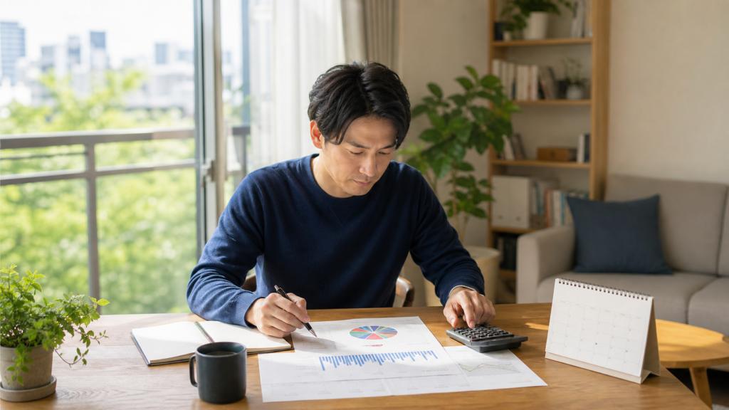 自宅でFIREの必要資産額を計算する会社員