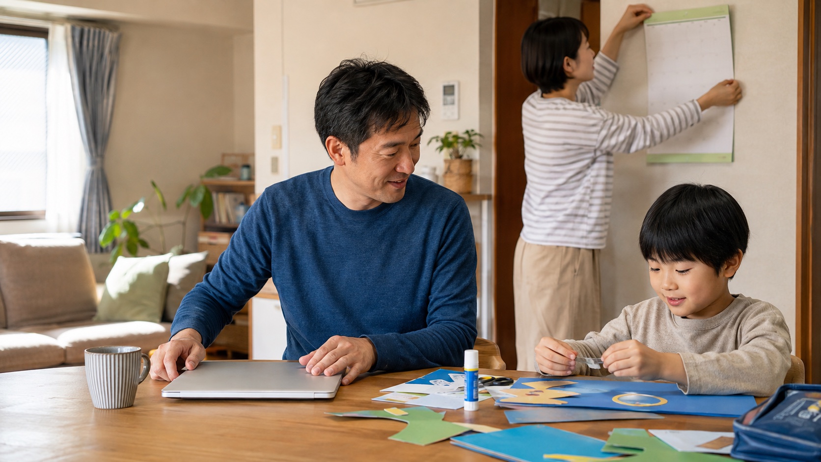 セミリタイア後の働く時間と子育て時間を家族で調整する様子