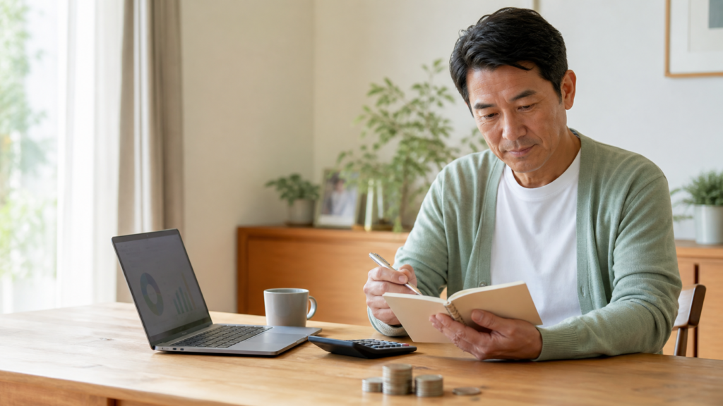 セミリタイアに必要な資金を自宅で計算する男性