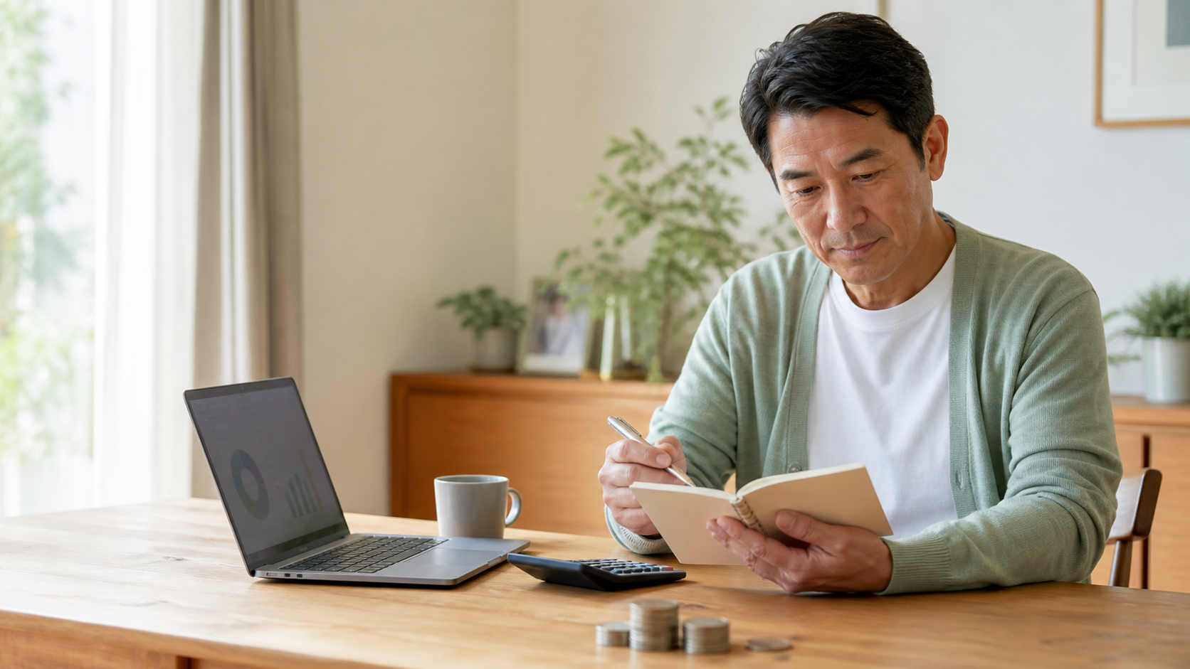 セミリタイアに必要な資金を自宅で計算する男性