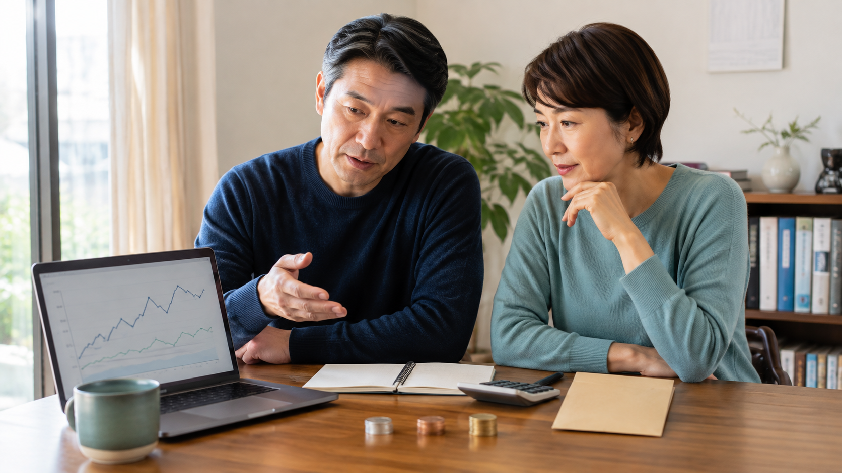 夫婦でセミリタイアの必要資金と生活防衛資金を確認する様子