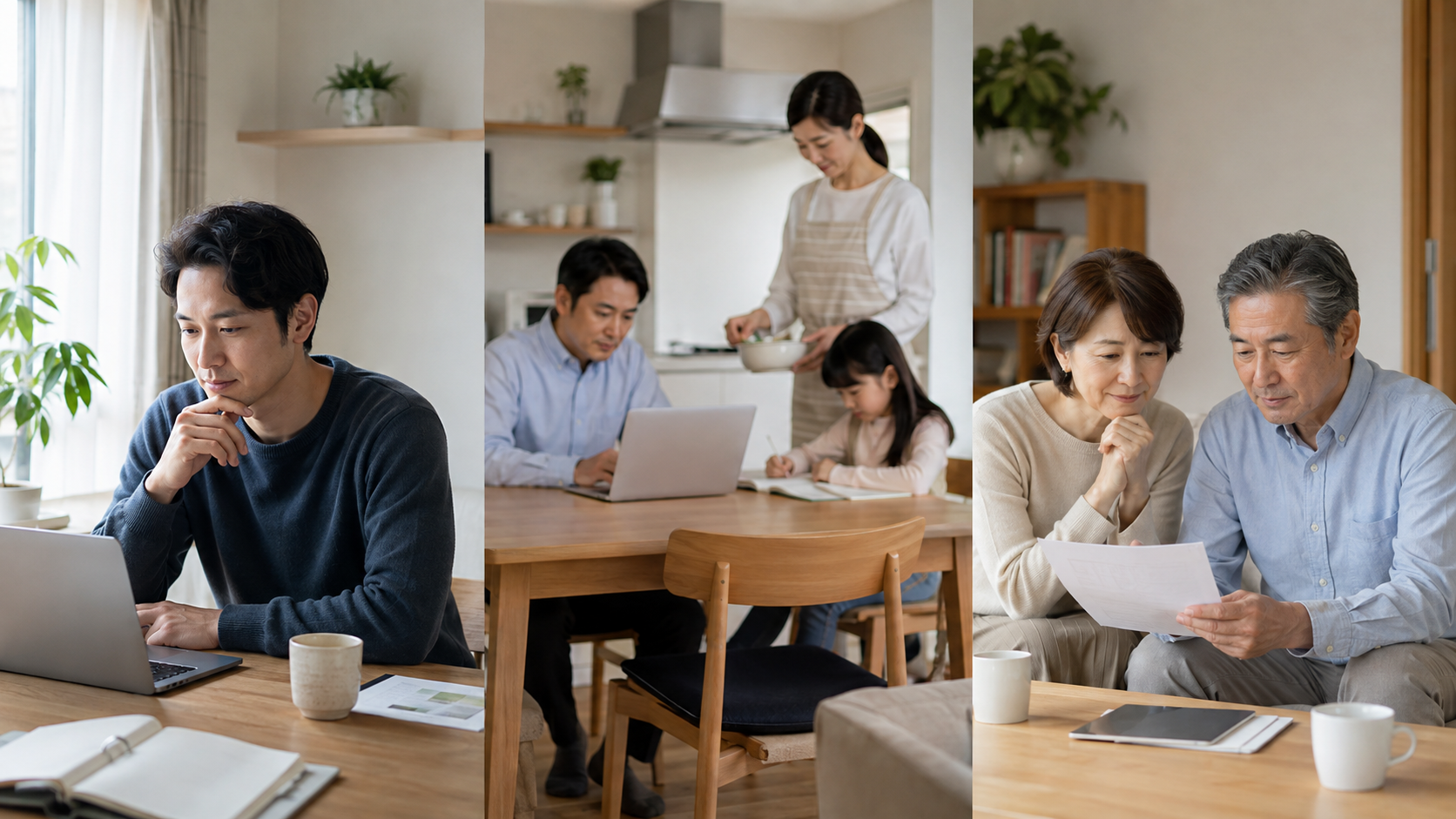 30代40代50代で異なるセミリタイア計画を表す三つの生活場面