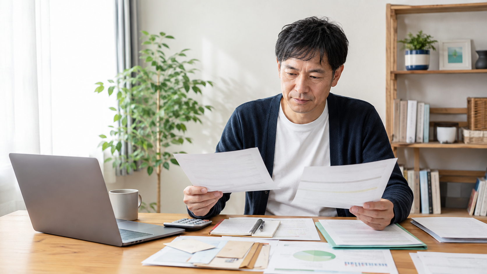 セミリタイア後の確定申告書類を自宅で確認する男性