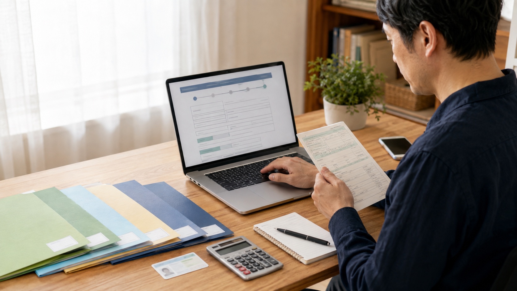 必要書類を確認しながらe-Taxで確定申告を進める男性
