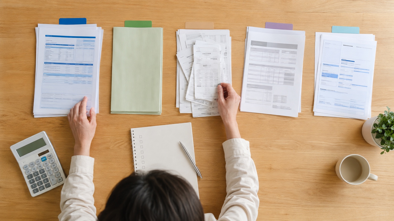 給与・退職金・副業・投資・年金の書類を収入別に整理する様子