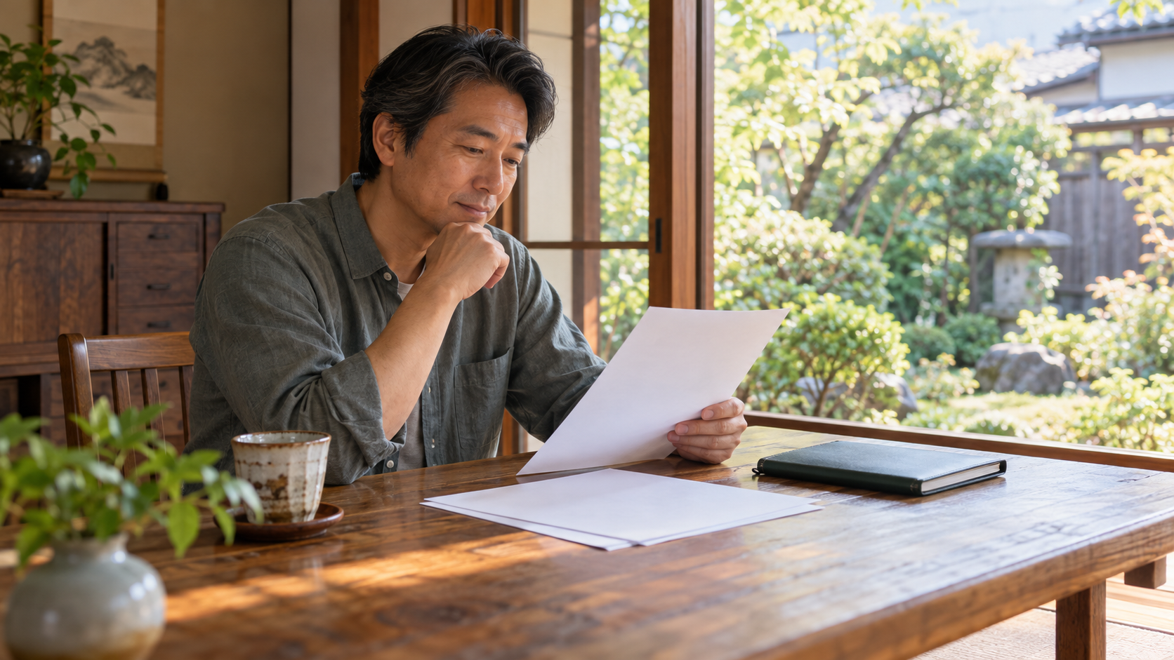 庭に面した自宅で年金資料と家計を確認する中年の人