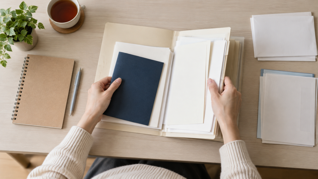 年金の書類を家計資料と分けて整理する手元