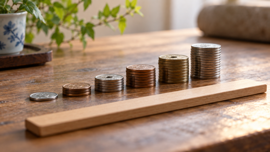 少額の硬貨を期間ごとに分けて並べた様子
