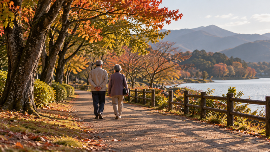 公園の道をゆっくり歩く年配の二人