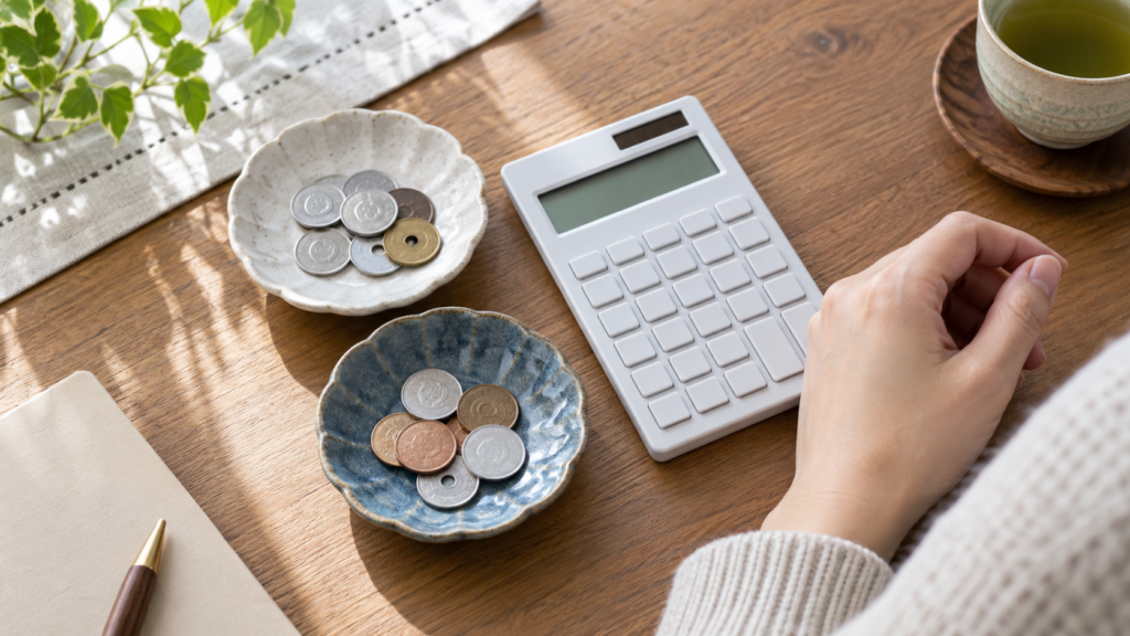 二つの費用を合わせて確認する電卓と小皿