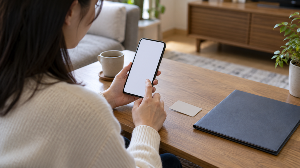 スマートフォンと必要書類を準備する手元