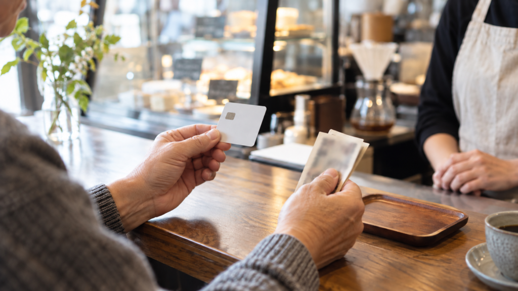 カフェの会計でカードと現金を用意する手元