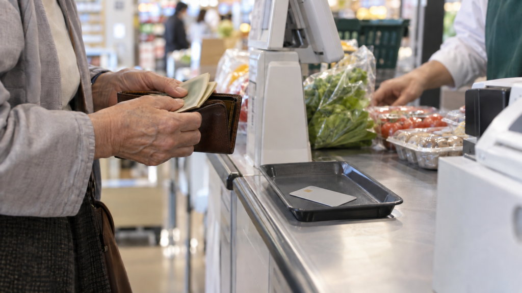 スーパーのレジで現金を取り出して支払う手