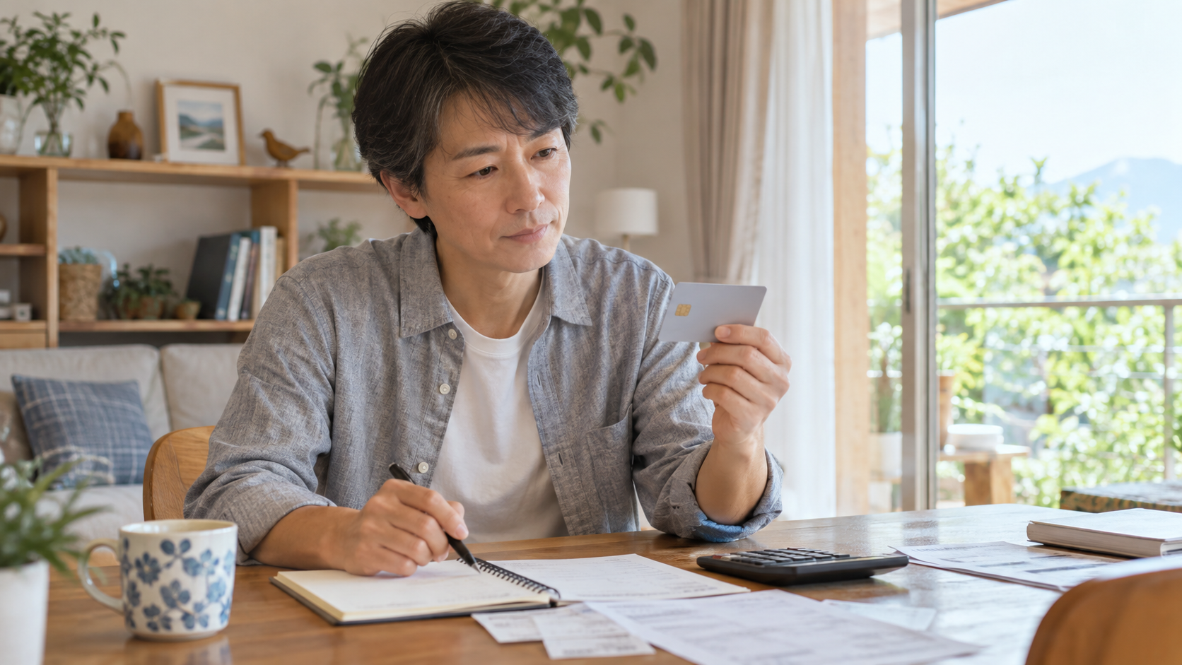 財布とカードを確認しながら支払いの準備をする人