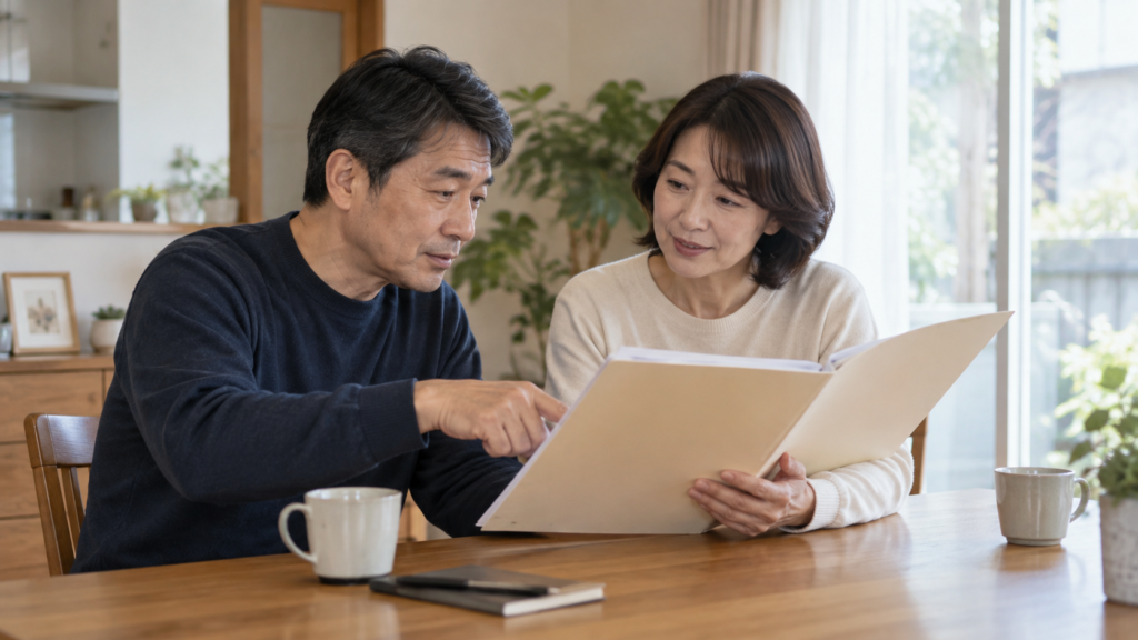 金融機関の資料を一緒に確認する二人