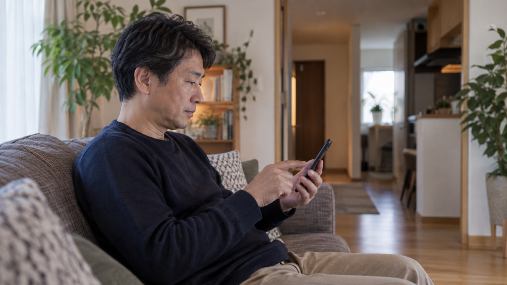 自宅でスマートフォンの設定を確認する人