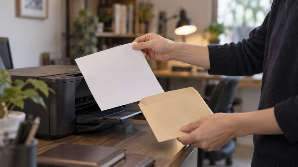 印刷した書類を保管用の封筒へ整理する手元