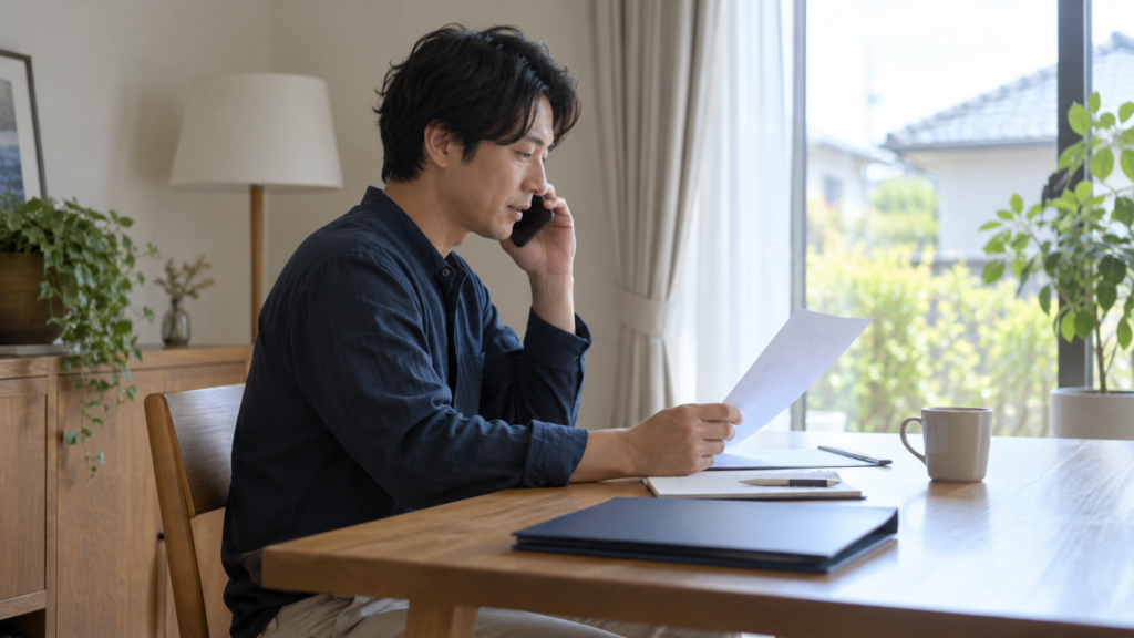 資料を手元に置いて電話で手続きを相談する人
