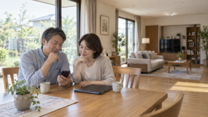 自宅でスマートフォンと書類を前に相談する二人