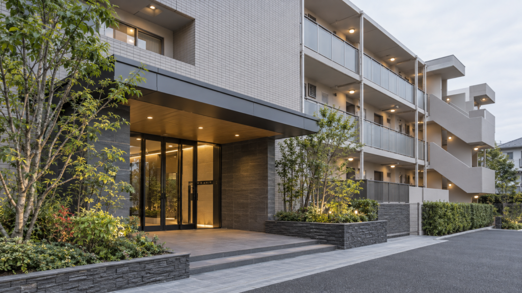 共用玄関と建物全体が見える分譲マンション