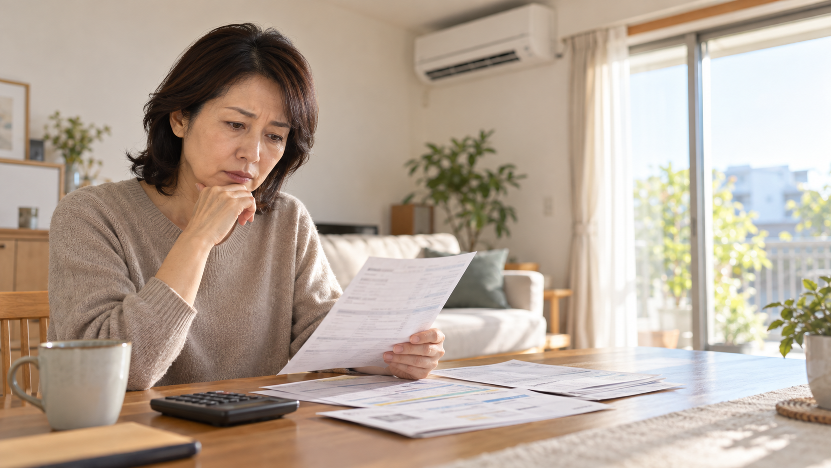 日中のリビングで電気料金の明細を確認する人物
