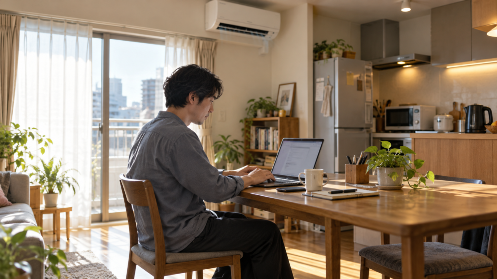 昼間の自宅で冷房を使いながら仕事をする部屋