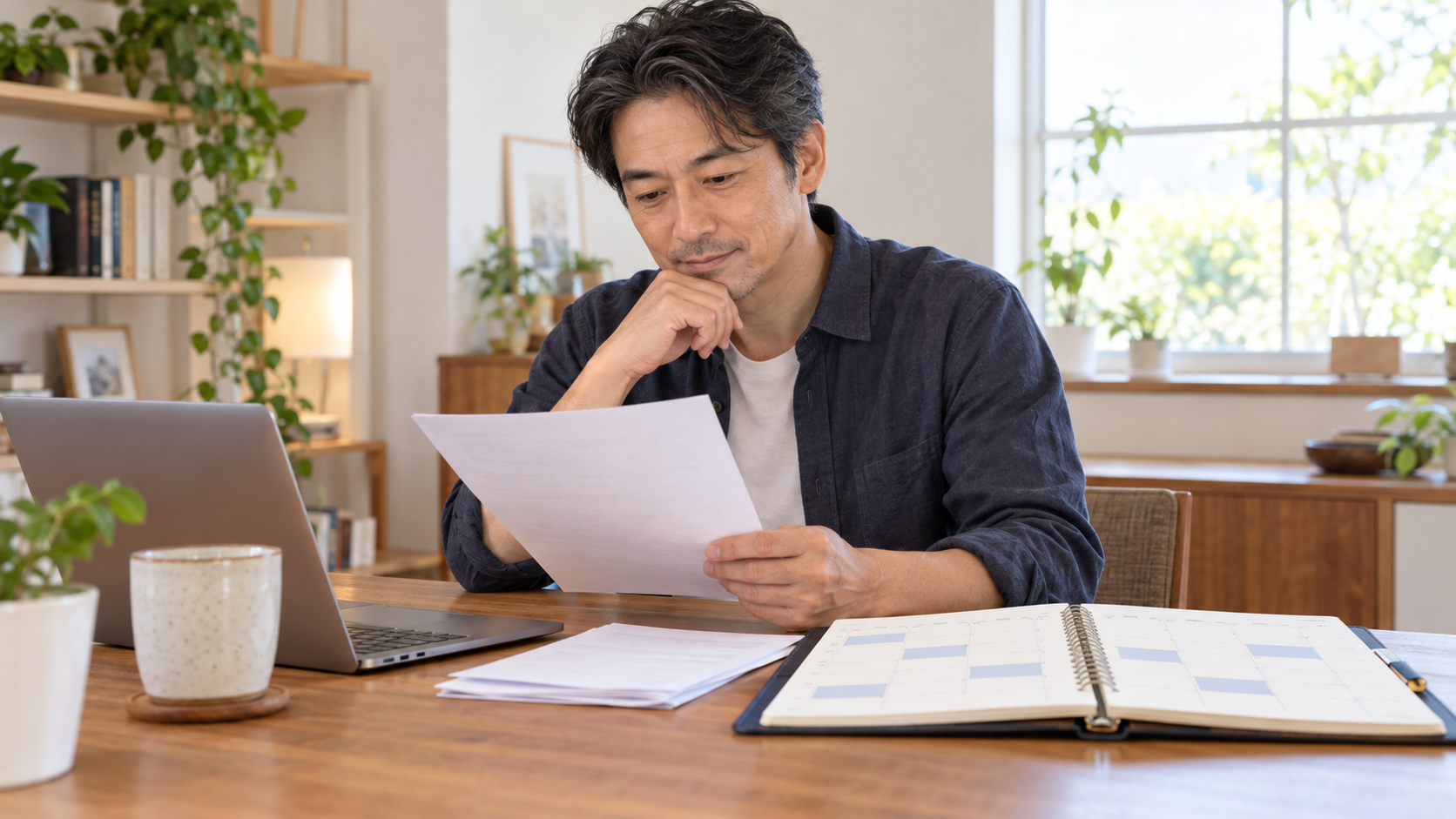 契約書と余白のある週間予定表を確認する人