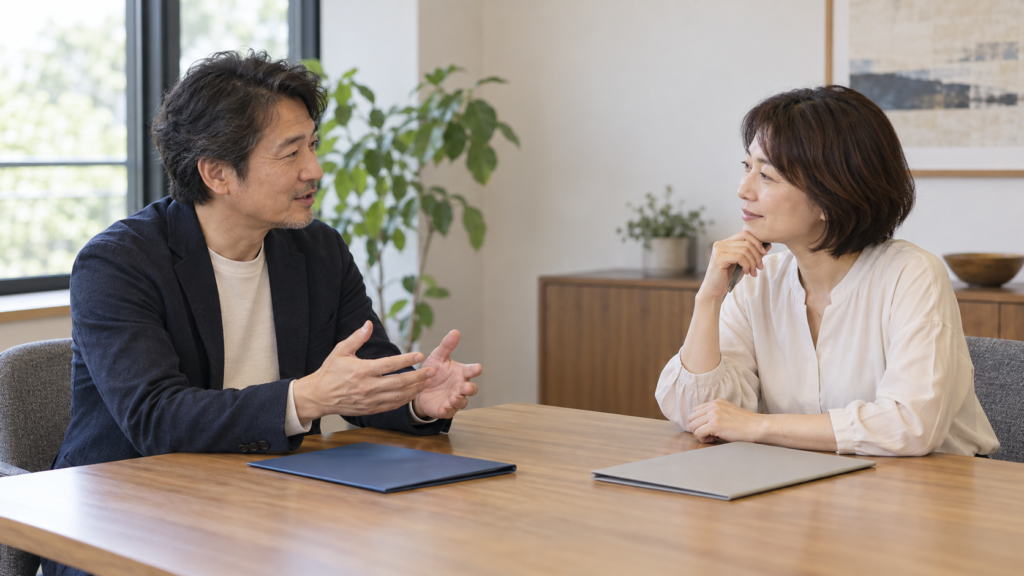 発注内容を資料と照合して相談する二人
