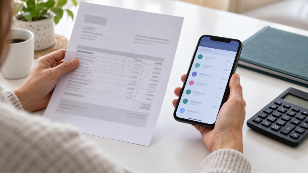 請求書と入金を照合するスマートフォンと書類