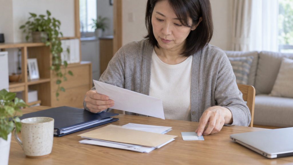 健康保険の書類を整理して健診の申込先を確認する手元