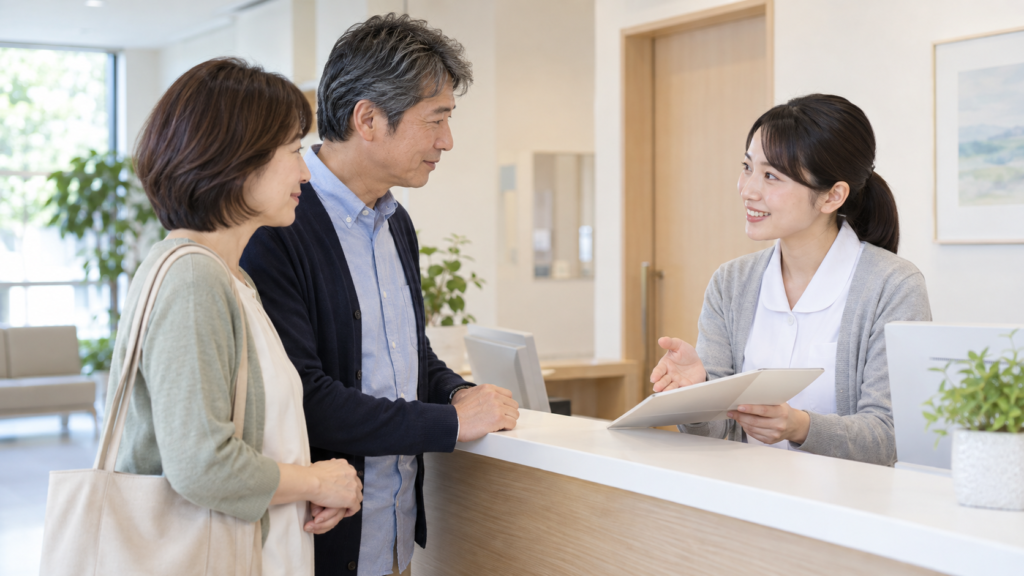 クリニックの受付で家族の健診予約を相談する様子
