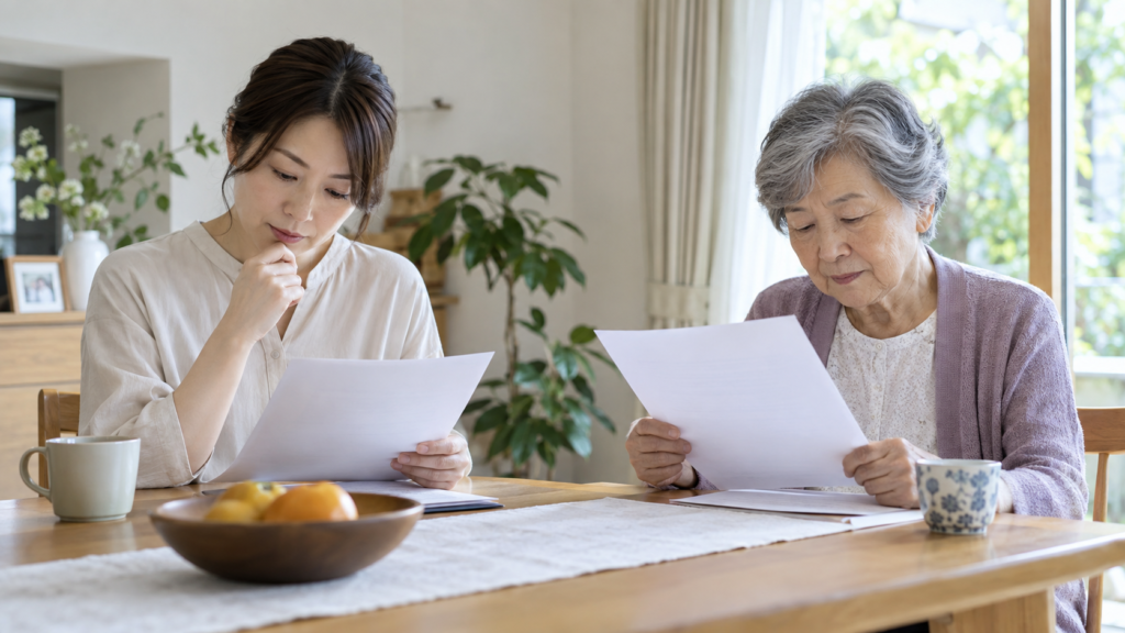 年齢に合った健診の案内を確認する二世代の大人