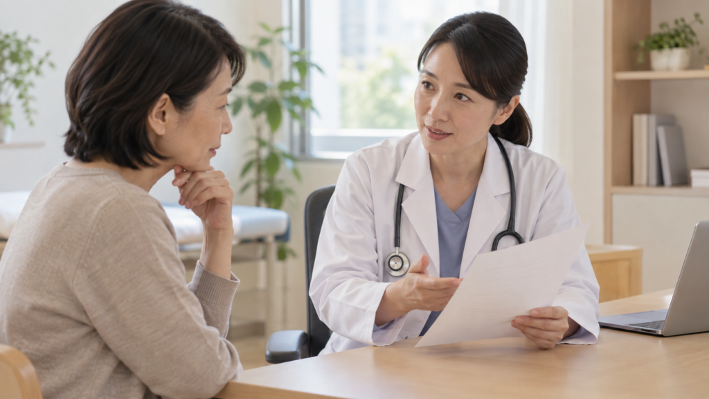 診察室で健診結果の説明を受ける様子