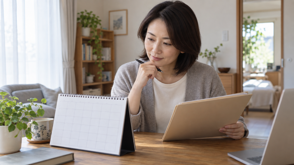 翌年度の健診予定と結果の保管場所を確認する様子