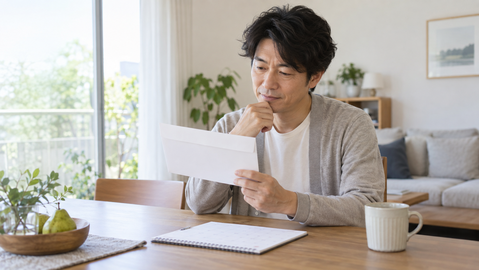 退職後の健康診断の案内と日程を自宅で確認する様子