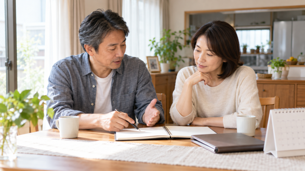 ダイニングでノートを見ながら暮らしの計画を話す2人