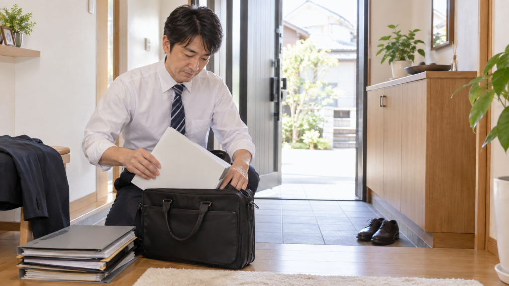 玄関で書類ファイルと仕事用の鞄を整理する人物