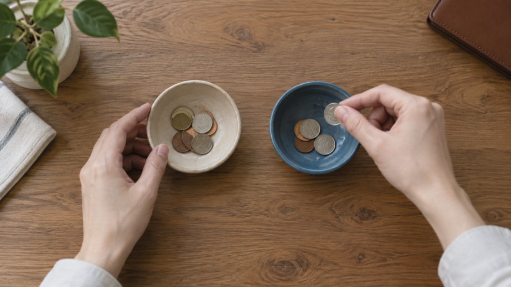 二つの器に硬貨を分けて置く手元